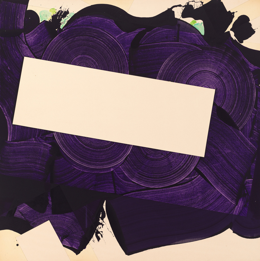 An off-white rectangle, horizontal and slightly angled, floats among broad, dark purple swirls and splatters