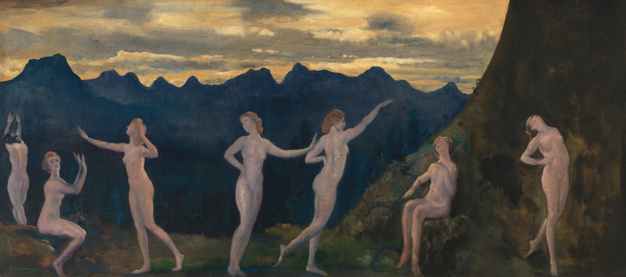 A painting depicting seven ethereal nude figures in various poses against a backdrop of dark, silhouetted mountains and a twilight sky with soft orange and yellow hues. The figures appear to be engaging with each other and the environment in a mystical or ritualistic manner.