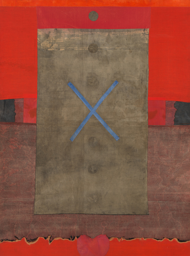 A textured mixed-media artwork featuring a central faded brown canvas with a blue 'X' mark, surrounded by blocks of red and orange with a small red circle at the top and a red heart shape at the bottom.