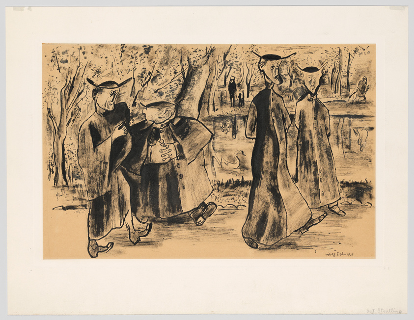 This is an illustration of three anthropomorphic figures with elongated faces and beak-like noses, wearing academic gowns and mortarboards, walking through a park-like setting with trees and a pond, where swans and a horse-drawn carriage are visible in the background. The style is reminiscent of a satirical or whimsical caricature, with the figures appearing to be in conversation. The artwork is signed and dated in the lower right corner.