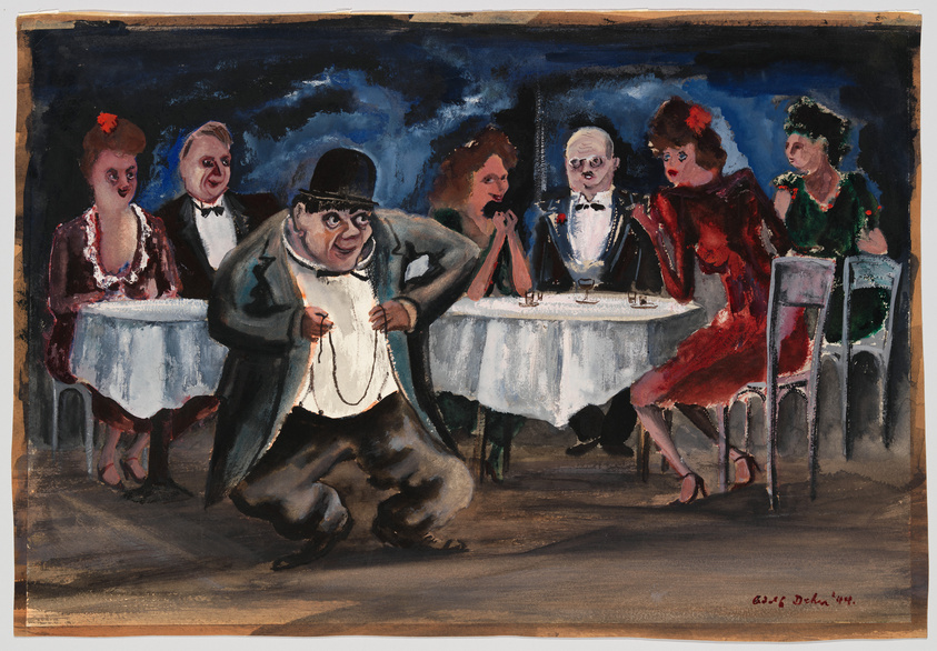 A vibrant watercolor painting depicting a lively scene at a restaurant or cabaret. In the foreground, a man with a jovial expression, wearing a suit and bowler hat, is dancing or gesturing with his hands. Behind him, two tables are occupied by elegantly dressed patrons enjoying the entertainment. The women wear dresses with various adornments, and the men are in suits with bow ties. The background is dark, suggesting a nighttime setting, and the brushstrokes give the scene a dynamic and somewhat whimsical atmosphere. The artist's signature is visible in the bottom right corner.