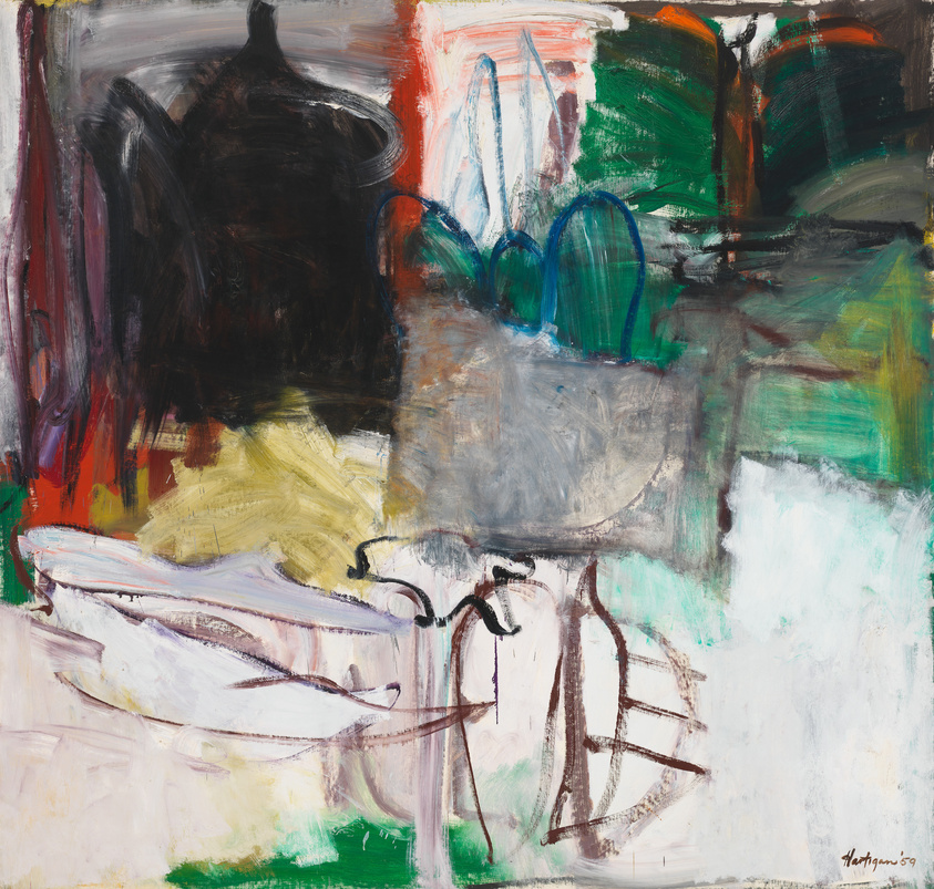 Abstract expressionist painting with a dynamic composition of brushstrokes in various colors including black, red, green, yellow, and white. The painting features a mix of bold and subtle lines and forms that do not represent any specific objects, allowing for open interpretation. The artist's signature is visible in the lower right corner.