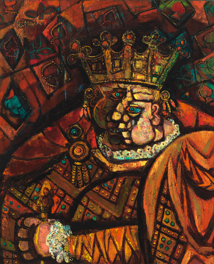 A vividly colored expressionist painting depicting a regal figure adorned with a crown and royal attire. The artwork features a stylized portrait with exaggerated features, intense eyes, and a mix of geometric and organic shapes creating a rich, textured background. The use of dark reds, oranges, and contrasting blues and greens gives the painting a dramatic and commanding presence.