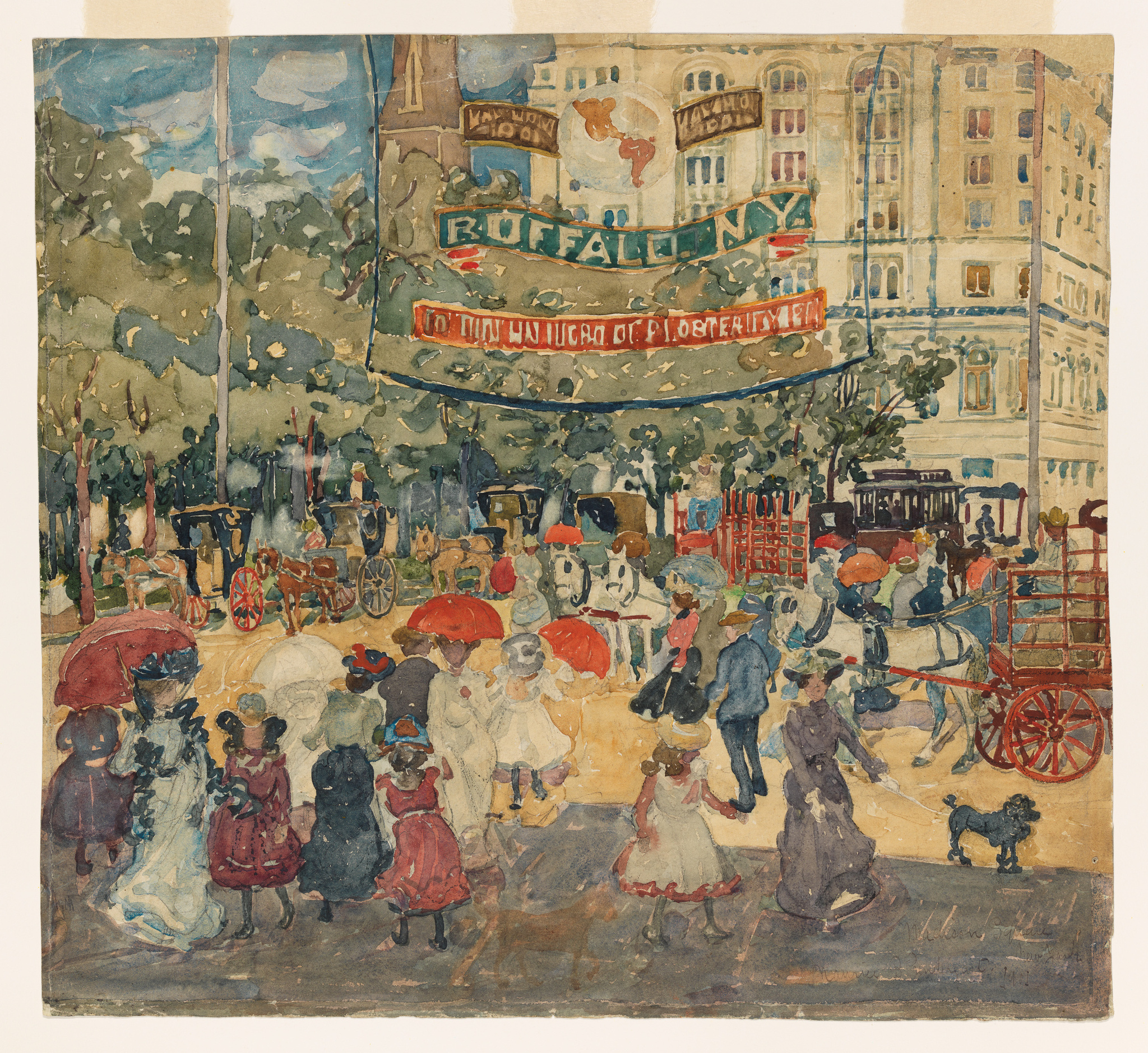 A vibrant watercolor painting depicting a bustling street scene with people carrying umbrellas, a horse-drawn carriage, and buildings with signage, including one that reads "BUFFALO NY." The style is impressionistic, with lively brushstrokes capturing the movement and atmosphere of a rainy day in an urban setting.