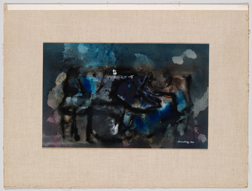 A framed abstract painting with a blend of dark and vibrant colors, predominantly blues and blacks, with hints of pink and white. The artwork is mounted on a beige canvas, and there is a signature with the year 1960 in the bottom right corner.