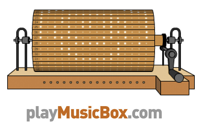 Illustration of a mechanical music box with a rotating drum and pins. Text below reads "playMusicBox.com" in gray and brown.