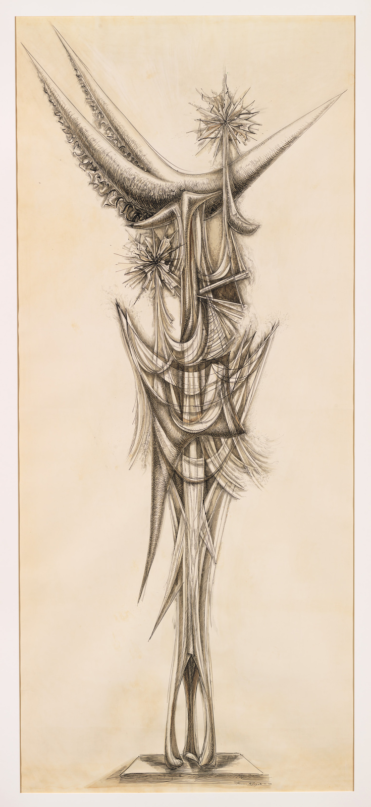 A detailed sketch of a tall, slender, abstract figure with elongated limbs and sharp, angular features. The figure has a prominent, spiky headpiece and stands on a flat base. The artwork has a surreal, otherworldly appearance and is rendered in a monochromatic palette, emphasizing shadows and textures.