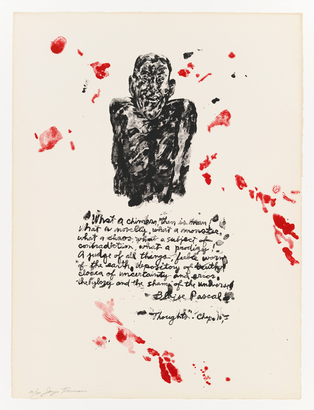 This image features an artwork with a central black ink figure resembling a distressed or contorted human face and upper torso. Surrounding the figure are splatters and drips of red ink. Below the figure, there is handwritten text in black ink, which appears to be a quote from Blaise Pascal's "Pensées," along with a reference to the specific section of the text. The background is an off-white paper, and the artwork is signed at the bottom by the artist.