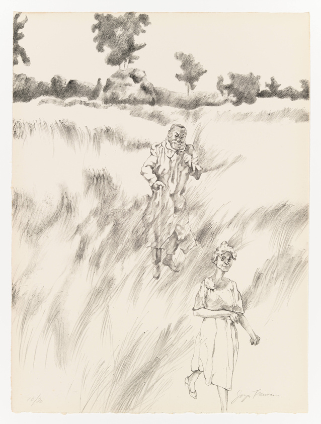 A pencil sketch depicting a rural scene with two figures: a smiling woman in the foreground, dressed in early 20th-century attire, and a man in the background, who appears to be running towards her. The landscape includes tall grasses and trees, suggesting an open field or meadow. The artist's signature is visible at the bottom right.