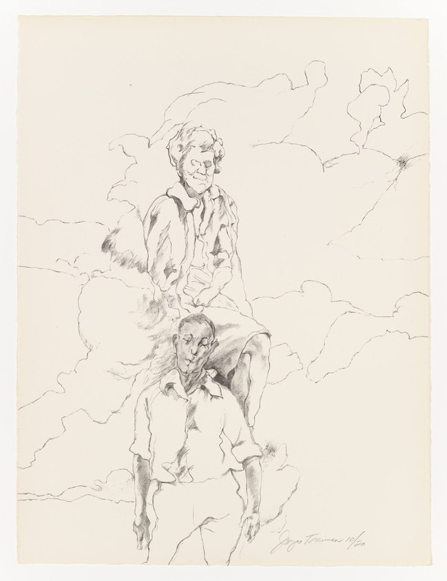 A pencil sketch on paper depicting two male figures, one seated on a cloud above the other who stands with a contemplative expression. The drawing is signed and dated by the artist. The background consists of sketched clouds, giving the impression of a dreamlike or ethereal setting.