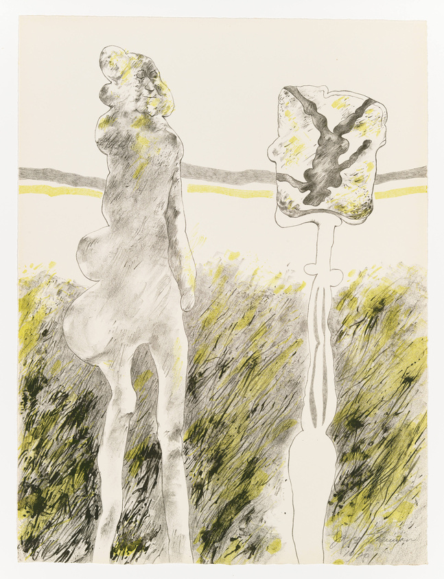 Illustration of a stylized female figure standing next to an abstract, melting popsicle-like shape, both set against a sketchy, grassy landscape with a simple horizon line. The image has a limited color palette, primarily in shades of yellow, black, and gray.