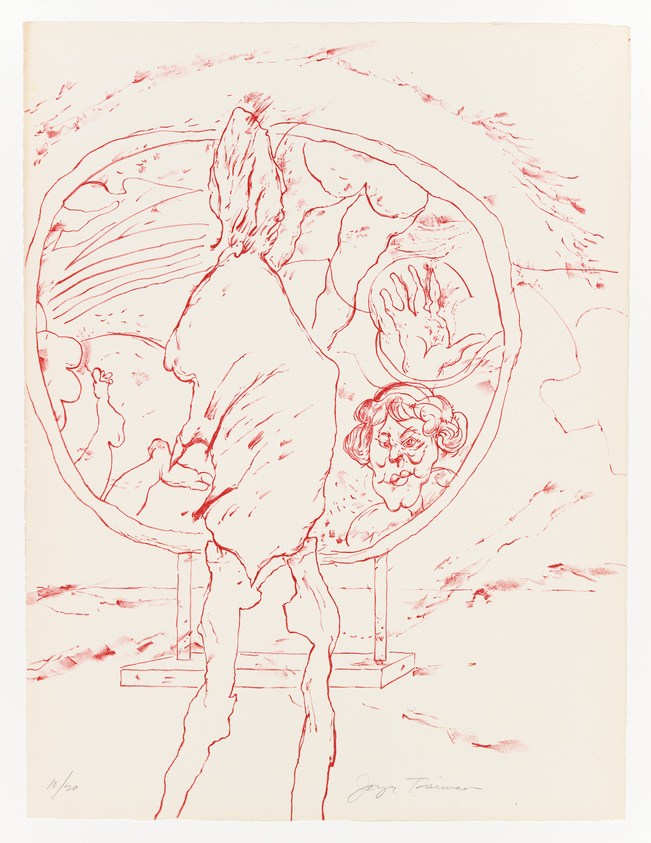 A monochromatic artwork featuring a stylized figure with its back turned, framed within an oval shape. The figure appears to be gazing at a landscape with abstract elements, including a hand and a face within the frame. The image is rendered in red lines on a pale background, and there is a signature at the bottom right corner.