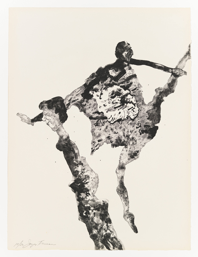 An abstract black and white inkblot artwork depicting a figure that appears to be dancing or in motion, with elongated limbs and a dynamic pose. The image is signed and numbered by the artist in the lower left corner.