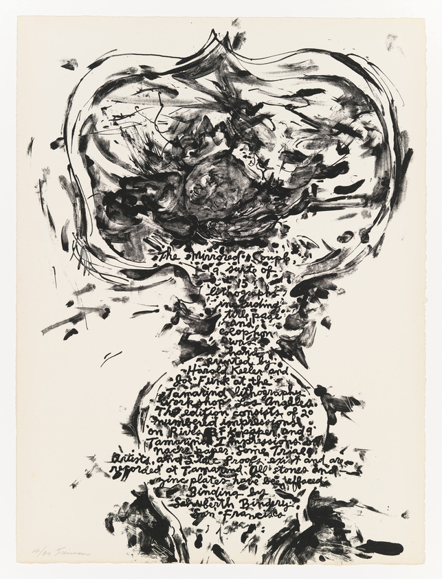 Abstract black ink artwork on a beige paper featuring expressive brush strokes and splatters, with handwritten text interspersed throughout the composition. The text appears to be in English and is part of the visual aesthetic, contributing to the overall chaotic and dynamic feel of the piece. The artist's signature is visible at the bottom left.