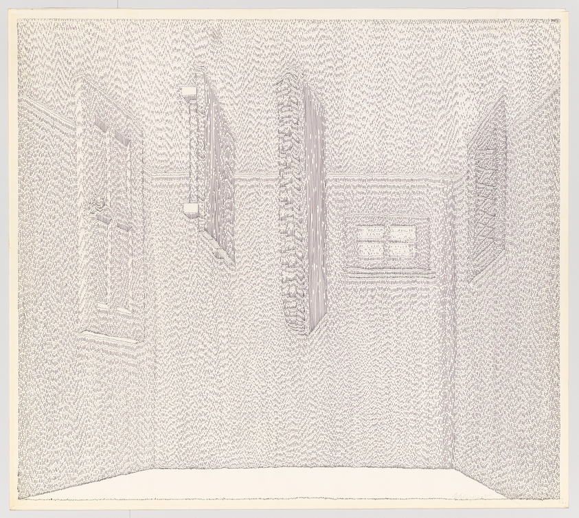 Detailed pen-and-ink drawing of an ornate room with intricate patterns on the walls, ceiling, and floor. The room features a large, central chandelier, two wall sconces, and two framed artworks on the left wall. There are two open doorways, one on the left and one on the right, and a set of double doors at the far end of the room. The perspective is drawn in such a way that the room appears to be an inverted space, with the chandelier hanging from the floor rather than the ceiling.