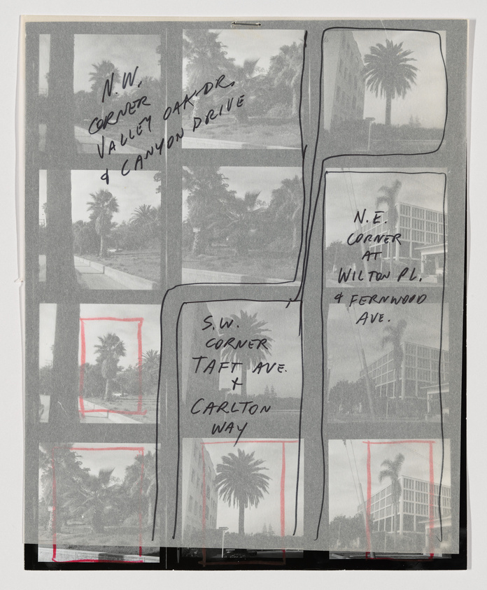 A black and white photo collage featuring palm trees and buildings, with sections highlighted in red and handwritten notes indicating various street corners such as "N.W. CORNER VALLEY OAK DR. & CANYON DRIVE" and "S.W. CORNER TAFT AVE. & CARLTON WAY." The collage appears to be a study of urban landscapes at different intersections.