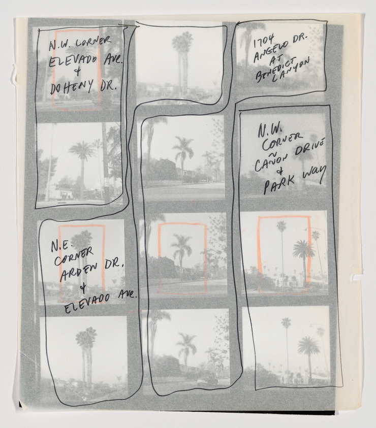 Hand-drawn map with photos of palm trees at street intersections, annotated with street names.