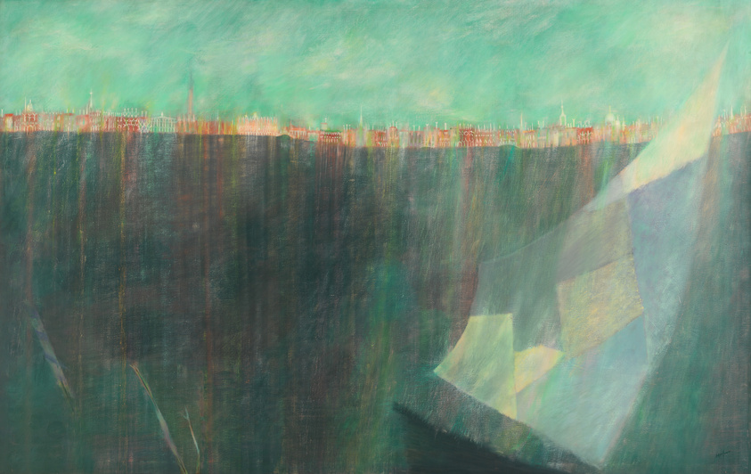 Abstract painting with a textured green and teal background, featuring a blurred cityscape along the horizon and a large, geometric, translucent shape dominating the right side of the composition.