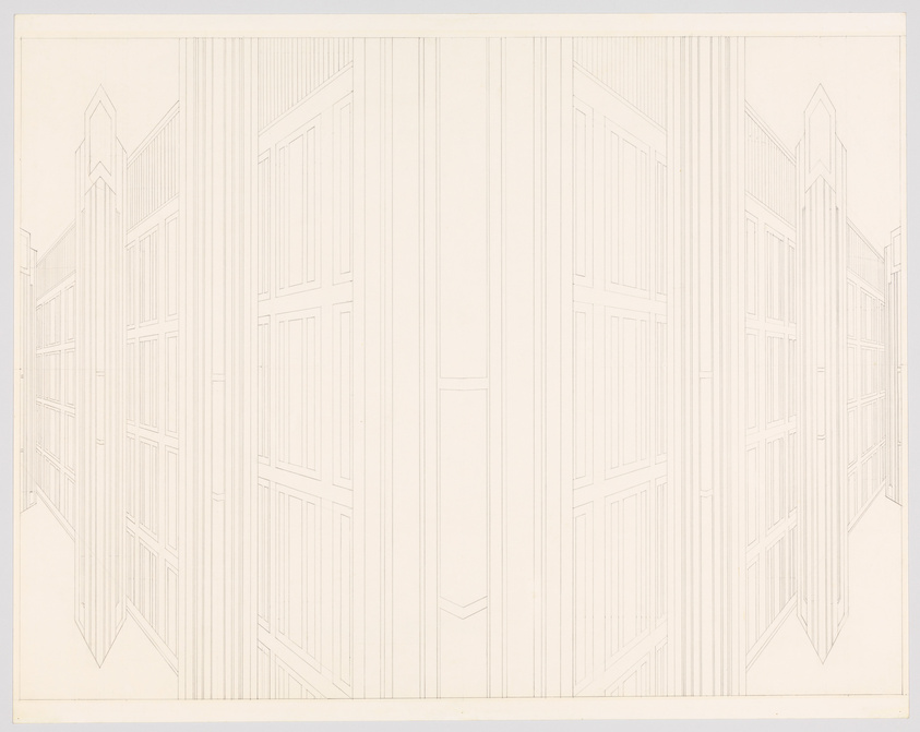 A pencil drawing of a symmetrical, abstract architectural design with repetitive vertical lines and shapes resembling a stylized building facade. The artwork is rendered in a monochromatic scheme, emphasizing linearity and geometric form.