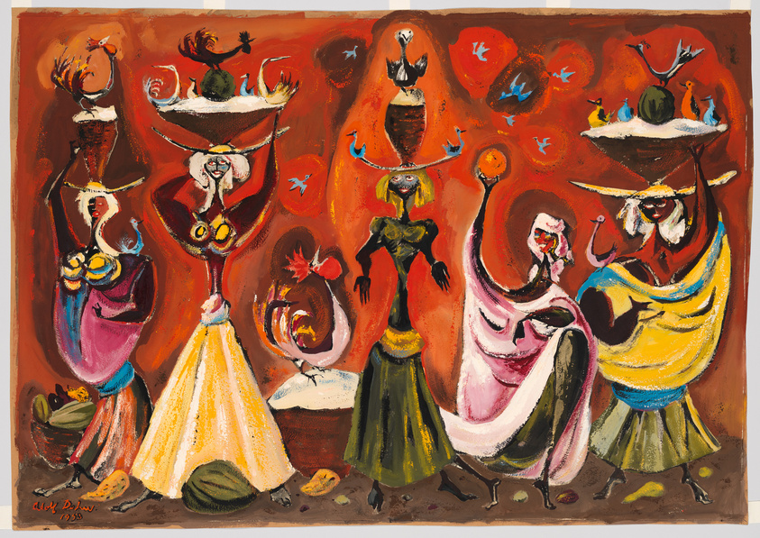 A vibrant, expressionist painting featuring a group of whimsical figures with exaggerated features and colorful attire, set against a fiery red-orange background. Each figure appears to be balancing a tray with various objects and animals on their heads, and the scene is filled with a sense of movement and festivity. The artwork is signed and dated in the lower left corner.