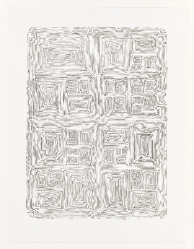 Abstract black and white line art with a pattern of concentric rectangles creating a textured effect.