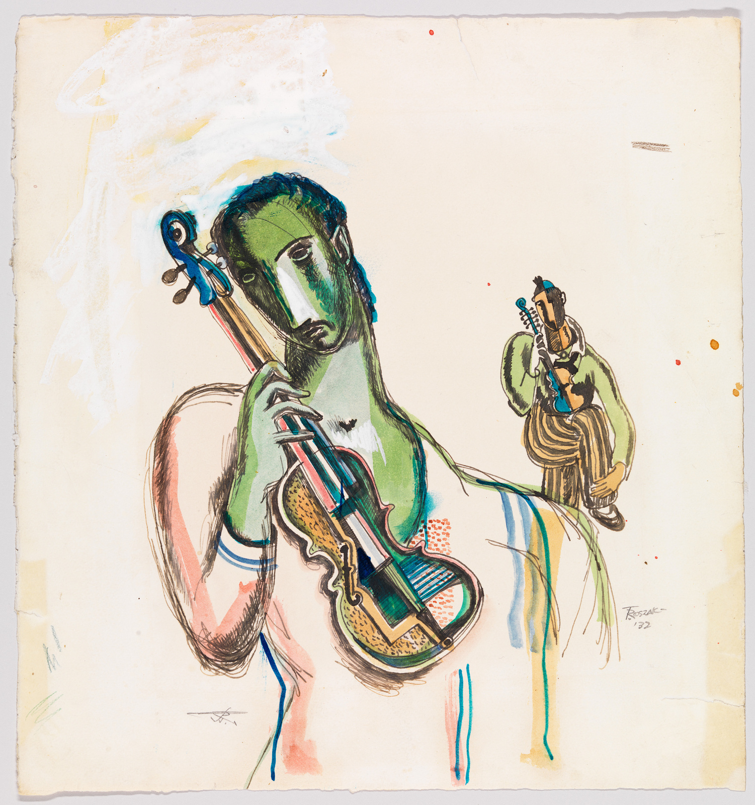 A colorful abstract painting depicting two figures, with the larger one in the foreground holding a violin and bow, and the smaller one in the background playing a guitar. The artwork features expressive lines and vibrant splashes of color, with the date "1972" and a signature in the bottom right corner.