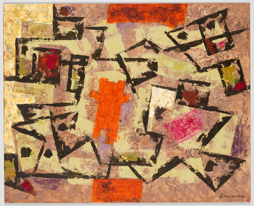 An abstract painting featuring a chaotic arrangement of geometric shapes and lines in black, with patches of vibrant colors like orange, red, and green on a textured beige background. The artist's signature is visible in the lower right corner.