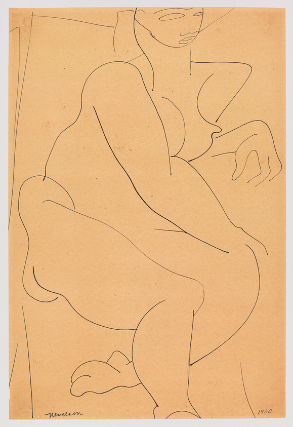 A minimalist line drawing on tan paper depicting a seated nude female figure with stylized curves and elongated limbs. The artist's signature and the year 1930 are visible at the bottom.