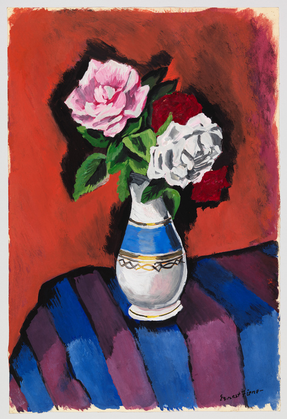 A vibrant painting depicting a vase with a pattern of blue and gold containing a pink rose, a red rose, and a white rose, set against a bold red background with a striped purple and blue tablecloth beneath. The artist's signature is visible in the lower right corner.
