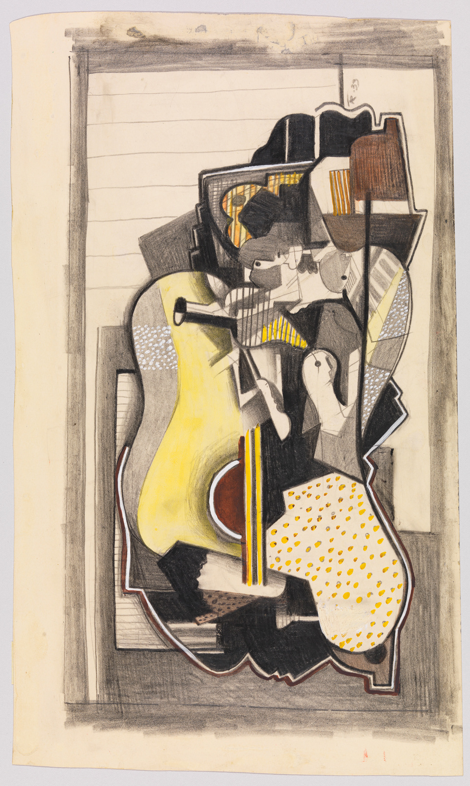 A drawing featuring abstract shapes and colors that suggest a violin and various other elements, layered over a lined notebook paper background. The artwork uses a mix of geometric and organic forms with a limited color palette, predominantly yellow, black, and white, with hints of red and blue.