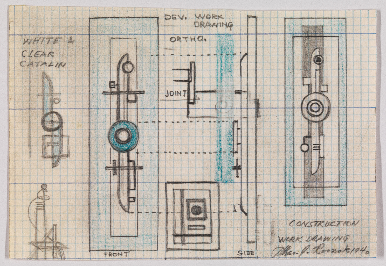 A detailed mechanical drawing on graph paper featuring various views of a device with annotations such as "WHITE CLEAR CATALIN," "DEV. WORK DRAWING ORTHO.," and "CONSTRUCTION WORK DRAWING." The drawing includes front, side, and top views with parts labeled, such as "JOINT," and exhibits precise lines, circles, and shading to indicate different components and their assembly. Handwritten notes and signatures are present, suggesting a draft or design stage document.