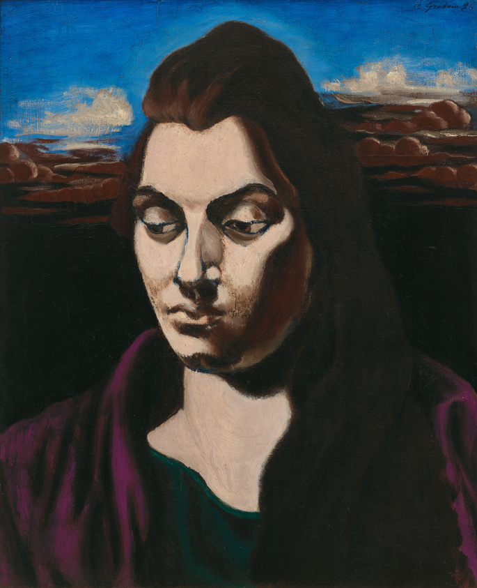 A woman with long dark hair looks down, set against a blue sky with clouds.