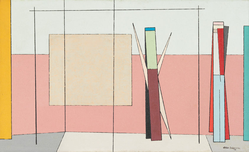 A modern abstract painting featuring geometric shapes and lines in a variety of colors including yellow, pink, beige, red, blue, and green, with a signature in the bottom right corner.