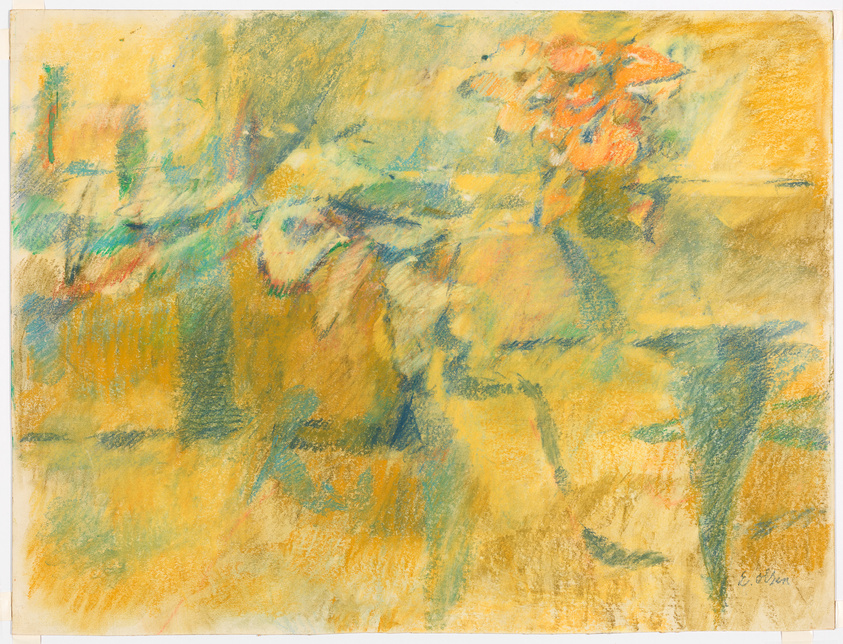 An impressionistic pastel artwork with a blend of yellow, green, and orange hues, featuring abstract floral shapes and soft, textured strokes, signed by the artist in the lower right corner.