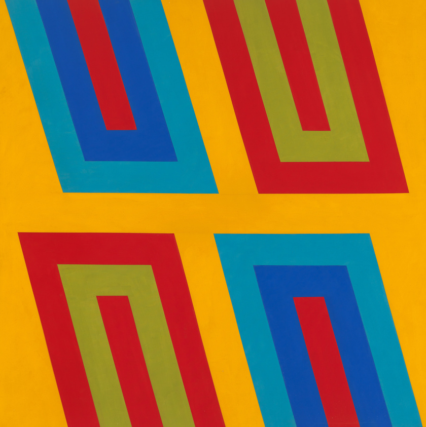 A vibrant geometric abstract painting featuring a pattern of four concentric rectangles in bold colors of blue, red, and green, set against a bright yellow background. Each set of rectangles is rotated to create a dynamic composition.