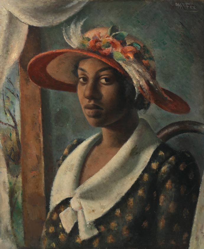 Oil painting of a woman with a solemn expression, wearing a wide-brimmed hat adorned with colorful flowers, and a dark coat with a light-colored collar. The background features muted tones and abstract shapes.