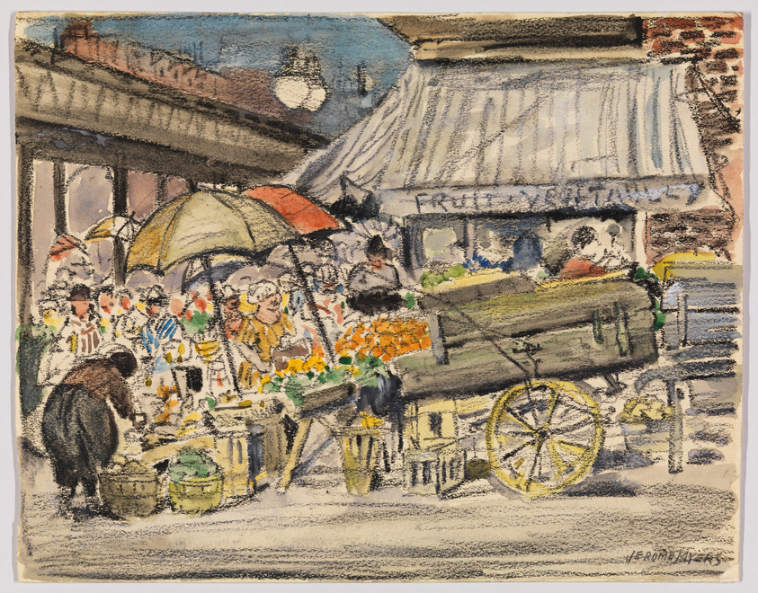 A vibrant pastel drawing depicting a bustling outdoor market scene with various figures, some under colorful umbrellas, and a prominent fruit stand with a striped awning. The background features an overpass and a street lamp, adding to the urban atmosphere. The artwork is signed by the artist in the lower right corner.