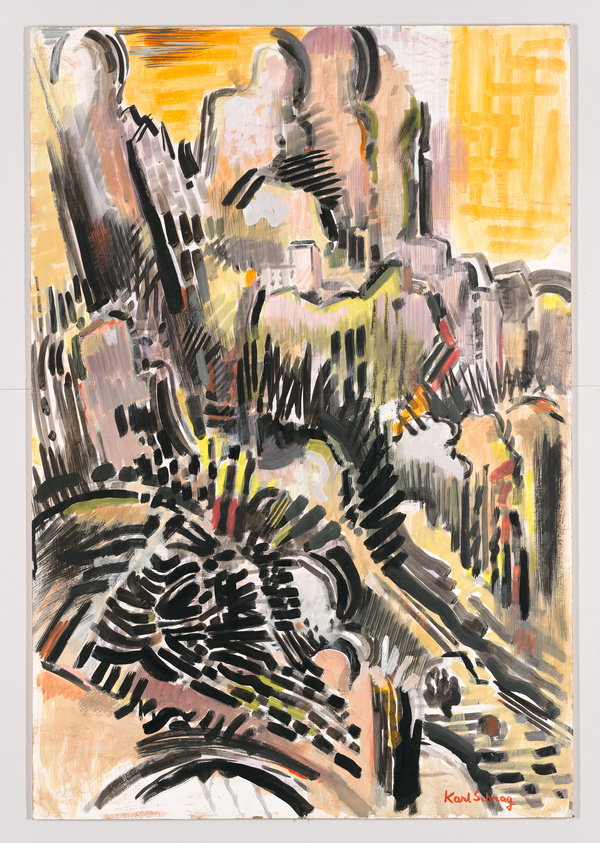 Abstract expressionist painting with dynamic brushstrokes in black, white, and earth tones, with hints of red and yellow. The composition suggests a cityscape with buildings and structures overlaid with energetic lines and shapes. The artist's signature is visible in the bottom right corner.