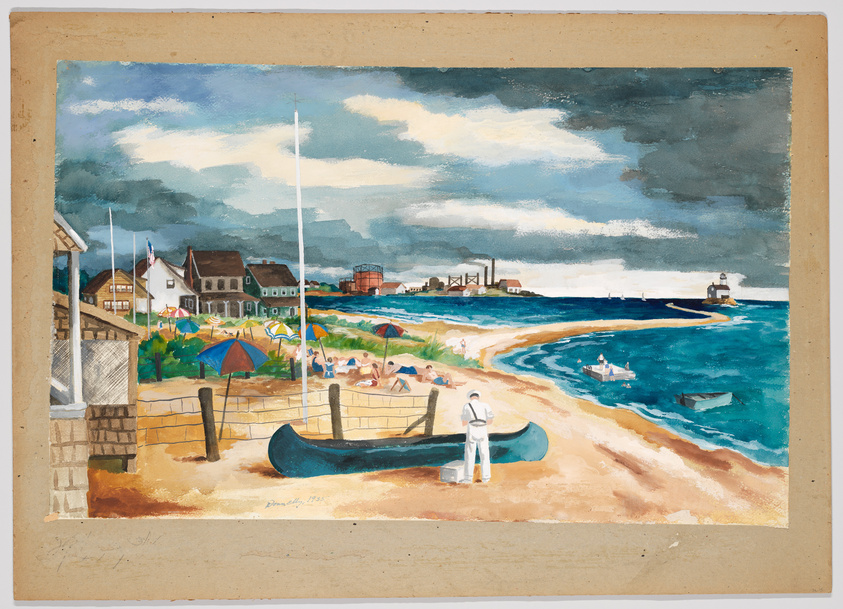 A vibrant watercolor painting depicting a lively beach scene with people sunbathing under colorful umbrellas, boats in the water, and a figure in white standing next to a canoe on the shore. In the background, there are quaint coastal buildings, a lighthouse on a pier, and an industrial structure with smokestacks under a dynamic, cloudy sky. The painting is signed and dated in the bottom left corner, with visible edges of the paper suggesting it's mounted on a larger sheet.