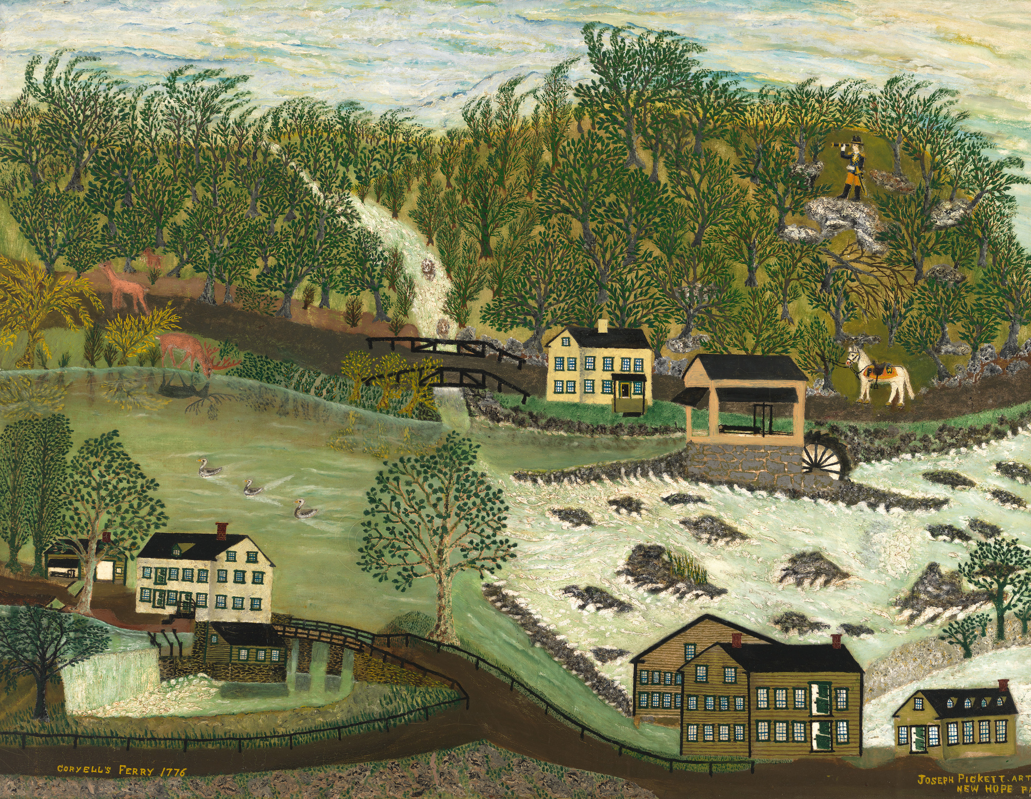 A folk art style painting depicting a rural landscape scene with multiple buildings, a river with a bridge, and various trees. The foreground shows a large two-story house with a smaller building adjacent to it. A river runs through the middle ground with ducks swimming and a bridge crossing over it. The background features rolling hills with trees and a few animals, as well as a couple of houses and a person on horseback. The bottom of the painting includes the text "CORYELL'S FERRY 1776" and "JOSEPH PICKETT ARTIST NEW HOPE PA."