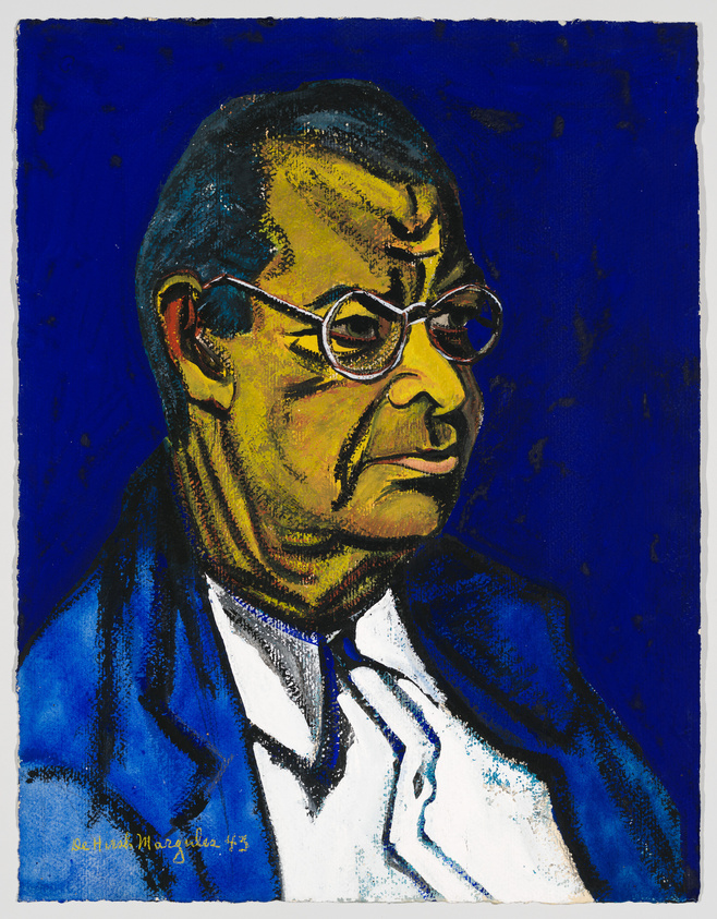 A vibrant expressionist portrait of a bespectacled man with a stern expression, featuring bold blue and yellow tones against a deep blue background. The man is depicted with a blue suit and white shirt, and the artwork is signed and dated at the bottom left.