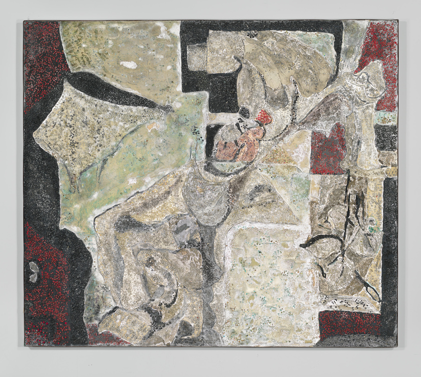 An abstract painting with a complex composition of textured shapes and colors, including shades of gray, black, red, and green, with speckled patterns and what appears to be a collage of different materials.