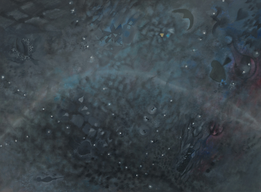 A dark, abstract painting with a blend of navy, black, and hints of lighter blues, creating a moody, underwater-like atmosphere. The composition is dotted with white speckles resembling distant stars or bioluminescent organisms, and features various ambiguous shapes that evoke a sense of mystery and depth.
