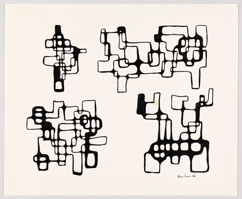 A piece of abstract art featuring black interconnected shapes and lines on a white background, resembling a network or circuit-like design, with the artist's signature and the year 1966 at the bottom right corner.