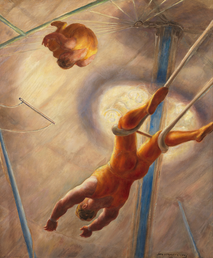 A painting depicting two trapeze artists performing high in the air under a circus tent. The perspective is from below, looking up towards the peak of the tent. One artist is hanging from a trapeze by his knees, reaching out, while the other is in mid-air, seemingly about to be caught. The warm tones and dynamic brushstrokes convey movement and the daring nature of the act. The artist's signature, "John Steuart Curry," is visible at the bottom.