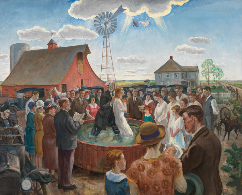 A painting of a wedding ceremony on a farm with guests gathered around a water trough, a barn and windmill in the background.