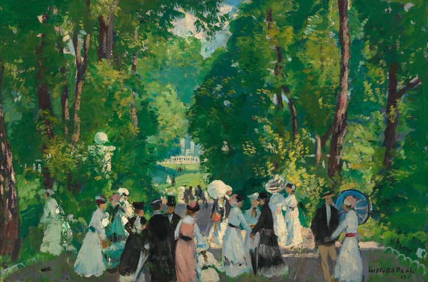 Impressionist-style painting depicting a group of elegantly dressed people strolling through a lush, green park with tall trees and dappled sunlight. The scene captures the leisurely pace of a bygone era, with some individuals in conversation and others admiring the surroundings. The artist's signature is visible in the lower right corner.