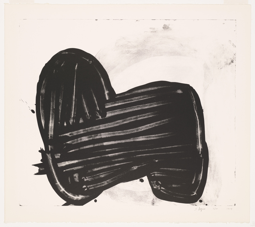 A black and white abstract print featuring a bold, irregularly shaped black form with textured, vertical brush strokes on a white background. The artwork has a rough, expressive quality and is signed and dated in the lower right corner.