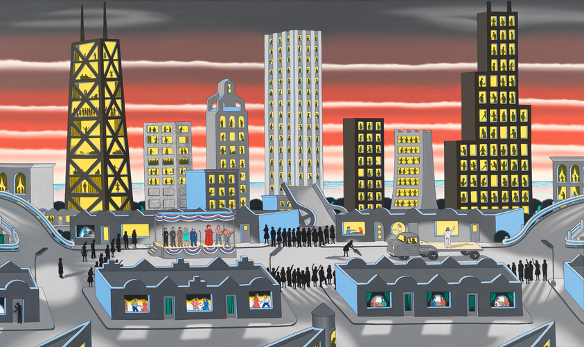 Illustration of a stylized cityscape at dusk with tall buildings lit from within, a vibrant red and orange sky in the background, and various groups of people engaged in different activities in the foreground. Some are watching a performance, others are in line, and there are scenes visible through the windows of the lower buildings.