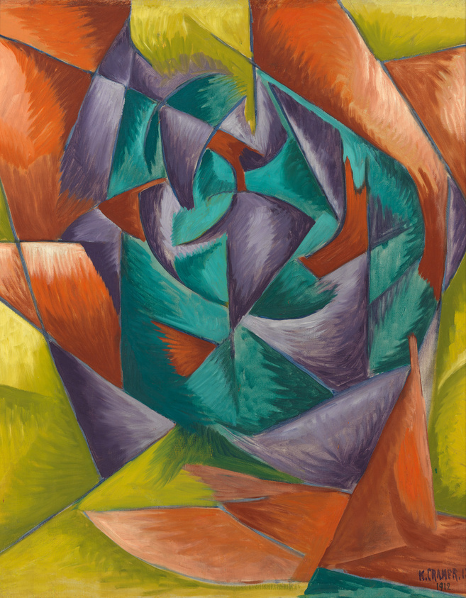 A vibrant abstract painting featuring a dynamic composition of interlocking shapes in bold colors such as orange, green, purple, and blue. The brushwork is visible and adds texture to the piece. The painting is signed and dated in the lower right corner.